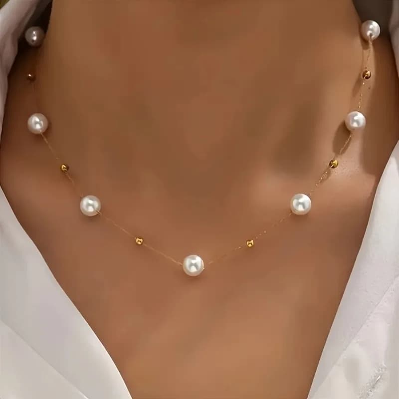 Minimalist Station Pearl Necklace, Delicate Thin Gold Chain Spaced Pearl Daily Wear Neck Jewelry