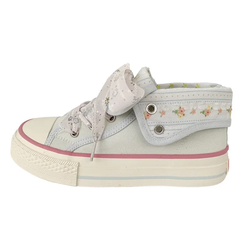 2026 New Women Canvas Sneaker Floral Cover 2-Way Wear Casual Student School Sport Shoe White Lace Up Ribbon Lace Summer Pink Dot