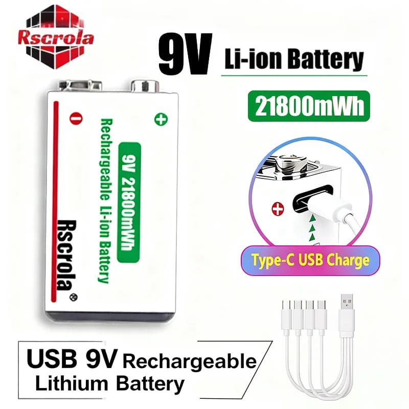 Batteria ricaricabile agli ioni di litio da 9V 21800mWh ad alta capacità e lunga durata per chitarra, microfono, rilevatore di fumo, pedale con cavo