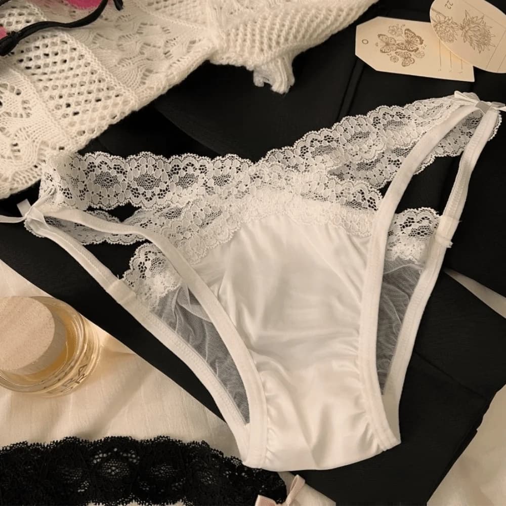 Sweet Low Waist Lace Panties Satin Silk Cross Belt Underwear for Women Bow Briefs Lace Briefs Girl