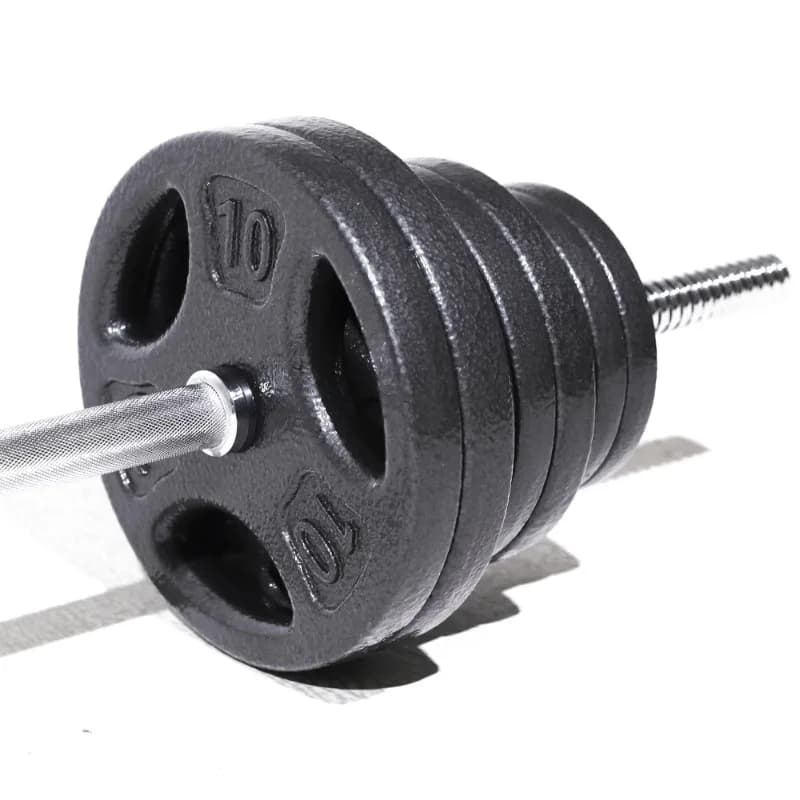 Works with 100 pounds black cast iron standard weight plates, used both with handlebars and barbells