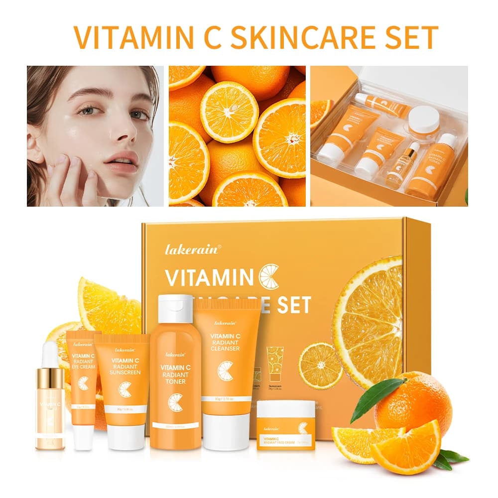 Set of 6 Products for Skin Care at Vitamin C: Detergent Face, Tonic, Serum, Eye Cream, Hydrating, Gift for Women and Girls