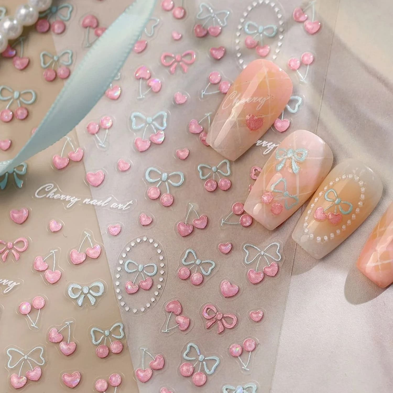 Adesivi per Unghie con Fiocchi Rosa e Blu, Decorazioni 5D con Perle e Glitter, Autoadesivi per Manicure Femminile