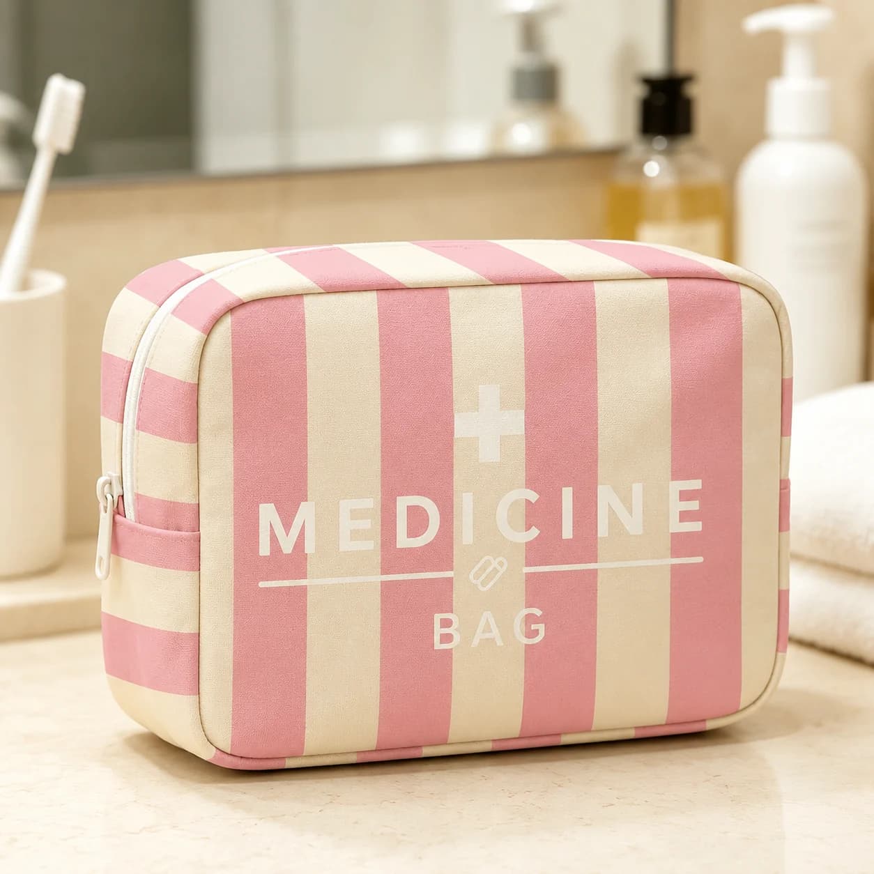 Medicine Bag Pink Striped Portable Medicine Organizer Travel First Aid Storage Pouch Emergency Kit Cosmetic Bag Toiletry Case