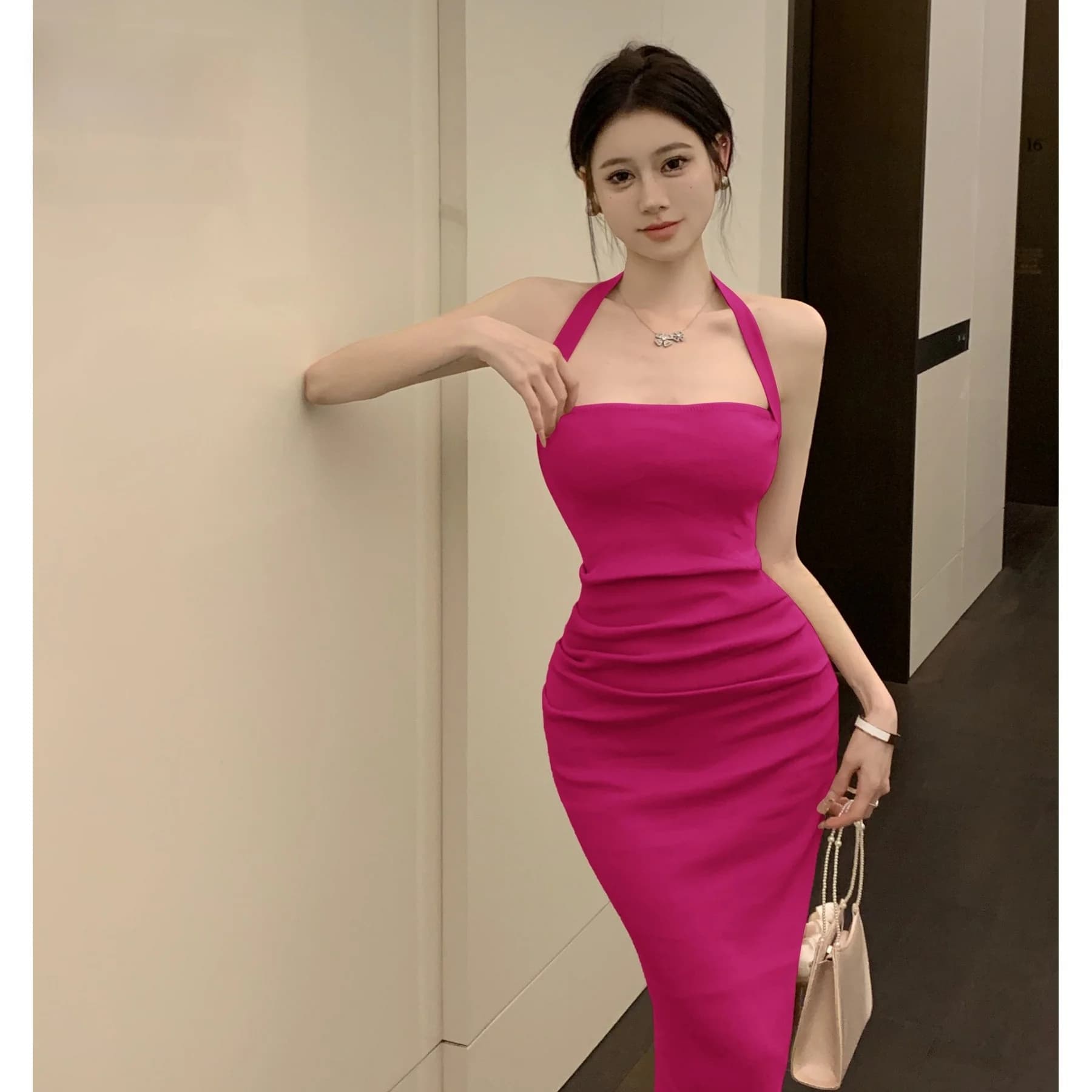 Summer 2025 Korean Style Sexy Pure Desire Knitted Wrap Body Dress Women's Slim Fit Neck Hanging Tube Top Dresses