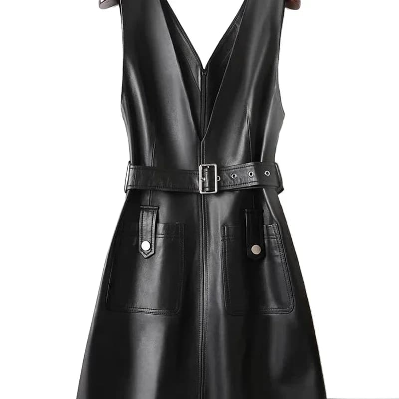 Abito Vintage in pelle opaca donna Casual scollo a V PU Tank Dress con cintura Ladies Chic senza maniche Mini abito Party Pocket Custom