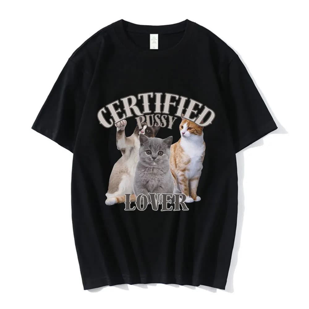 Divertente Maglietta Certificata 'Amante delle Gatti' con Meme, T-Shirt Vintage alla Moda per Uomo, 100% Cotone, Casual Oversize, Streetwear