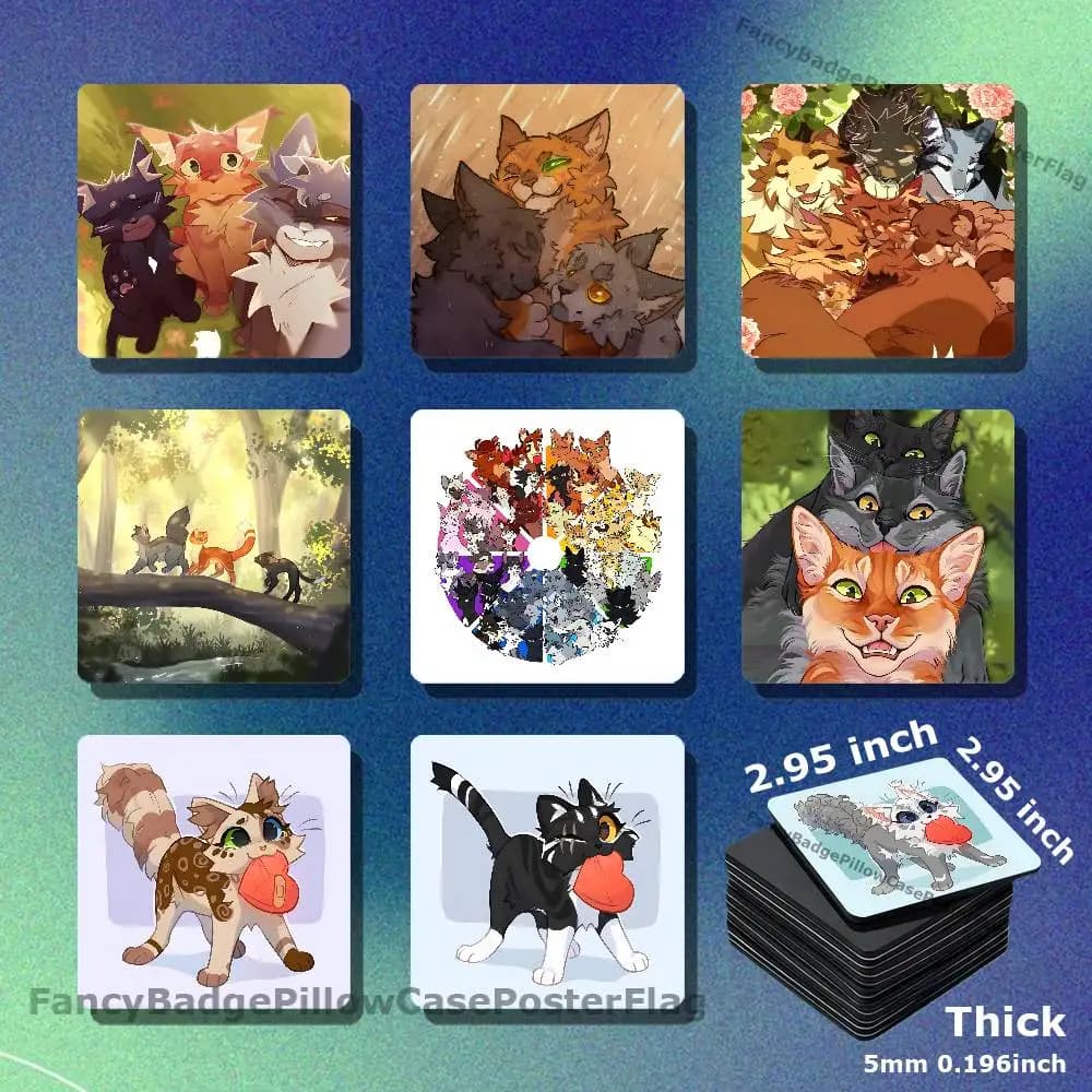 W-Warrior Cats Acrylic Refrigerator Magnets Square Tiles with Magnetic Sheets for Home Decoration