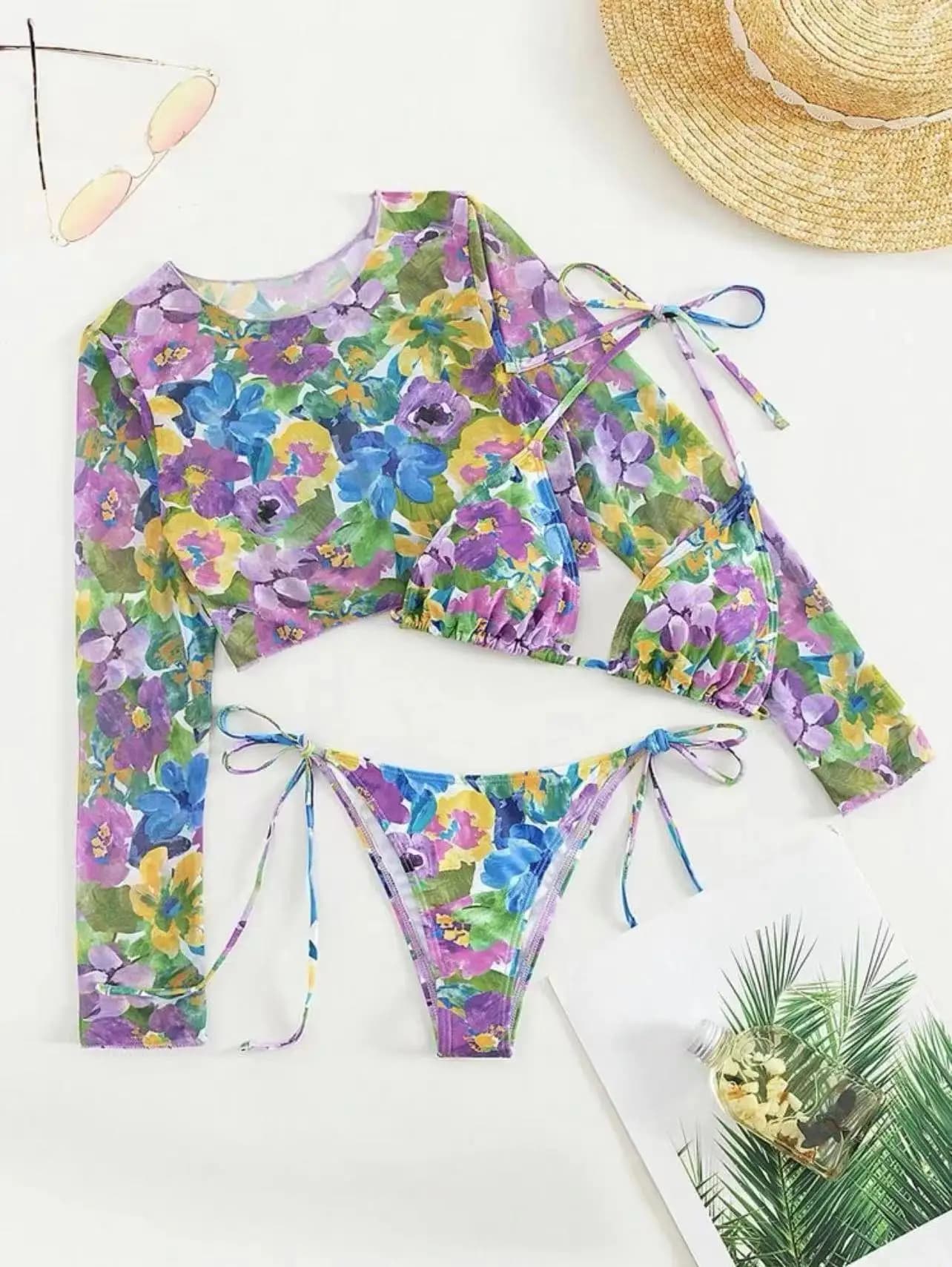 Sexy Purple Flower Print Bikini Sets 3Pcs Halter Tie Swimsuits with Long Sleeve Smock Crop Top Beachwear Bathing Suit Swimwear