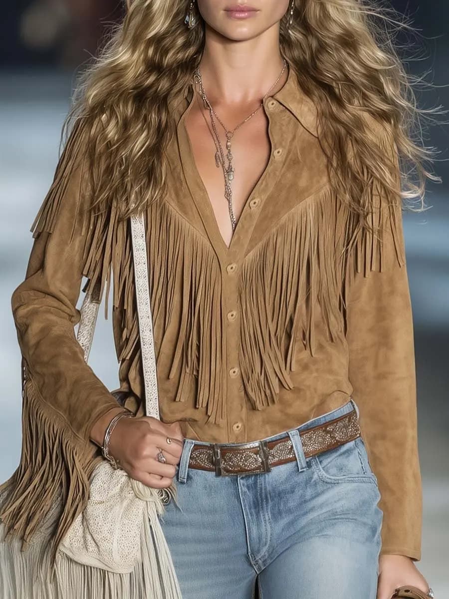 Camicia in pelle scamosciata a maniche lunghe primavera autunno camicetta con risvolto camicette monopetto con nappe tinta unita elegante giacca da donna da ufficio