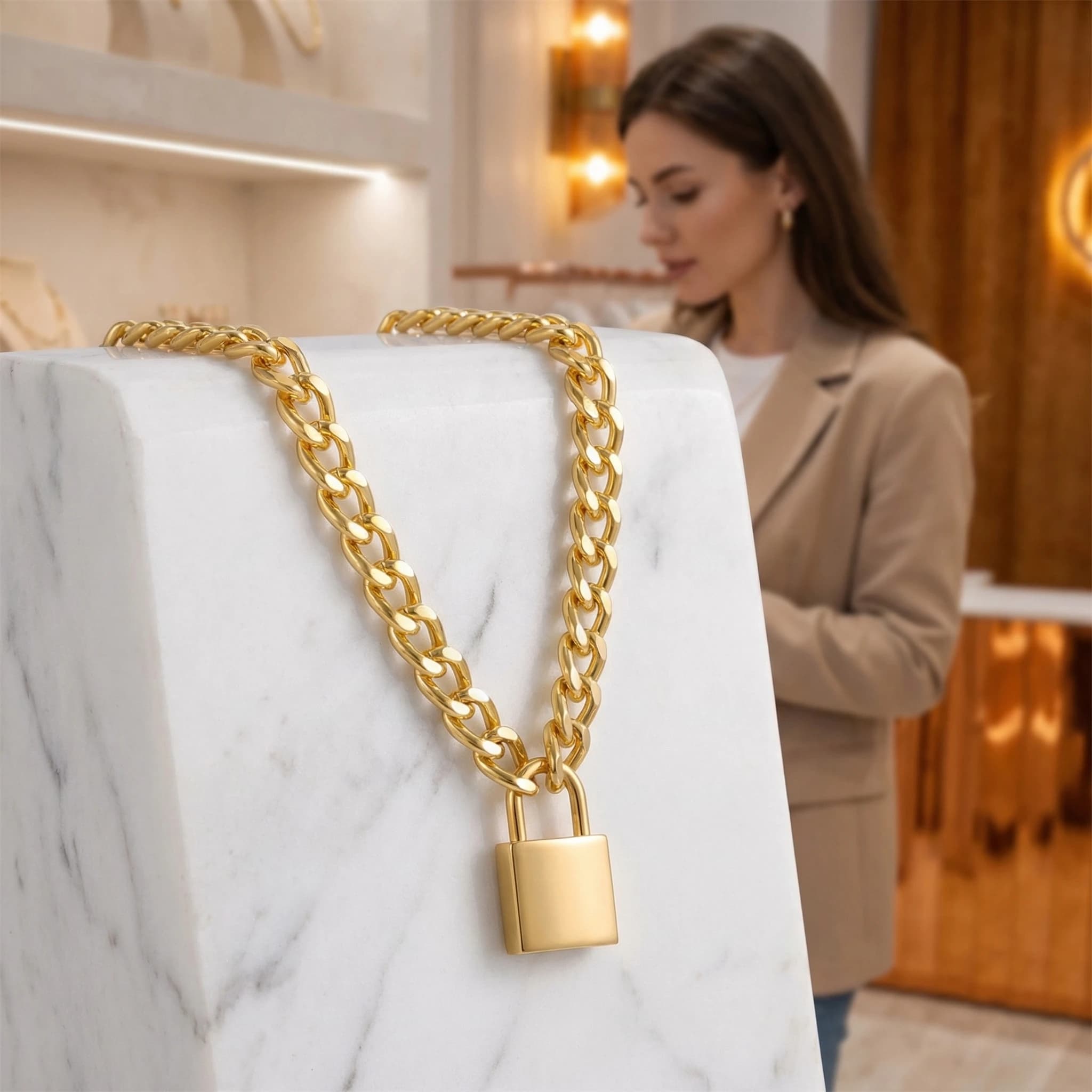 Womens Lock Pendant Necklace Cuban Chunky Thick Link Chain Golden Trendy Jewelry Gift