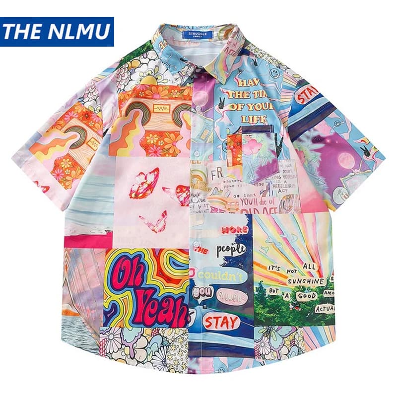2025 Camicie Hawaii Stampa graffiti Camicia casual Hip Hop Manica corta Harajuku Camicie streetwear Camicetta abbottonata Top Y2K