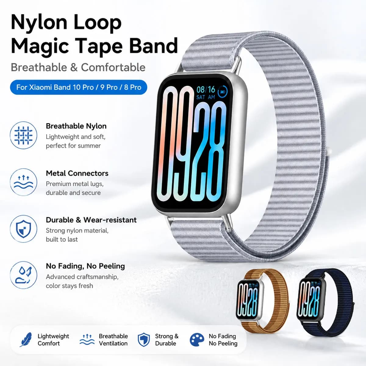 Breathable Nylon Magic Tape Watch Band For Xiaomi Band 10 Pro 9 Pro 8 Pro Soft Adjustable Sport Replacement Wrist Strap