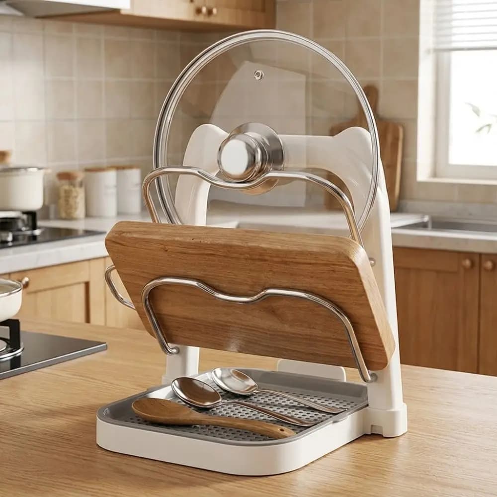 Space Saving Double Layer Pot Lid Storage Rack Anti-Slip No Drill Cutting Board Holder Heavy Duty Detachable Spoon Rest Cabinet