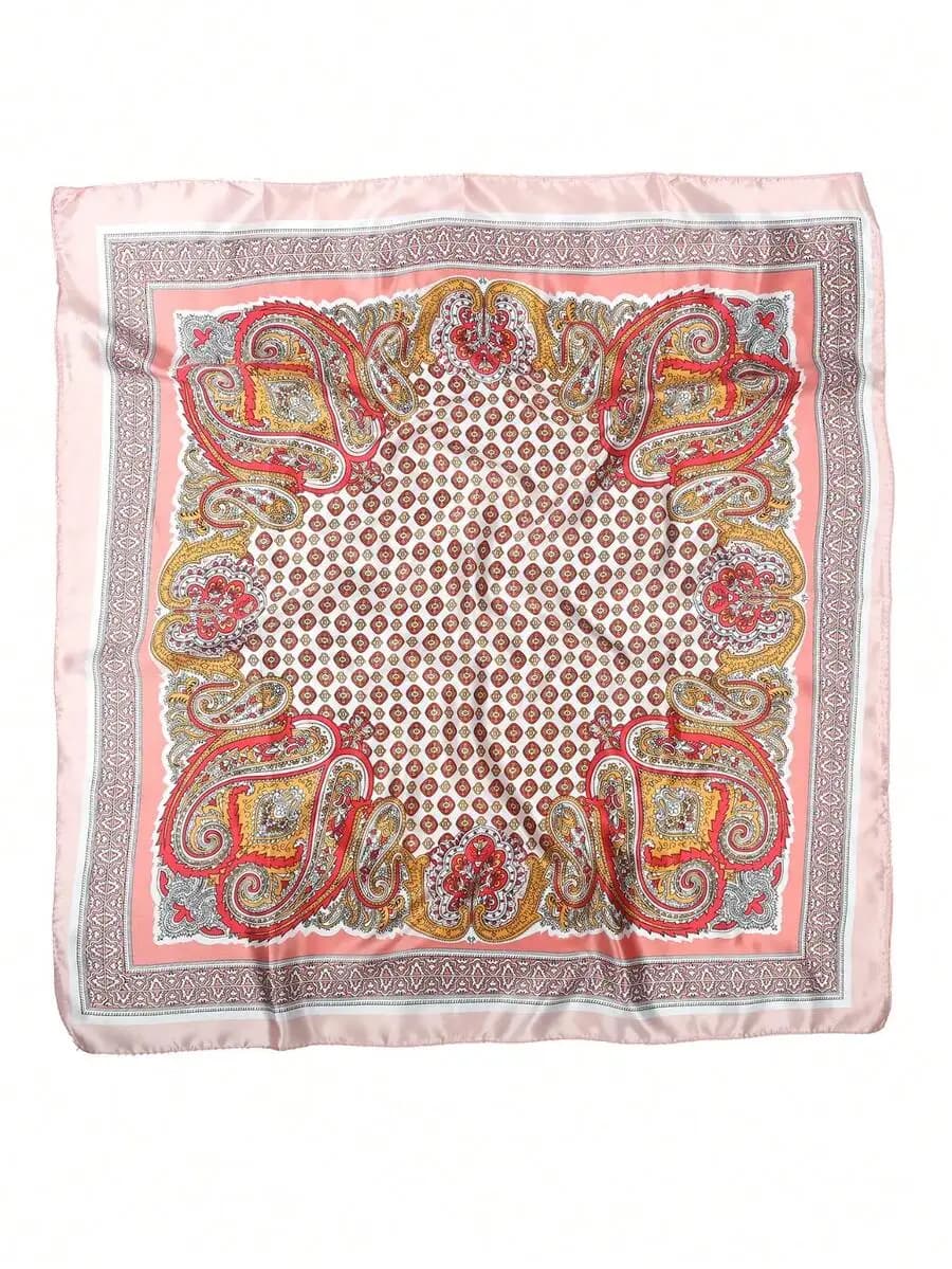 1pc Women's Light Pink Printed Satin Square Scarf, Fashionable Outdoor Headband Hair Scarf For Spring/Summer Season Bandana