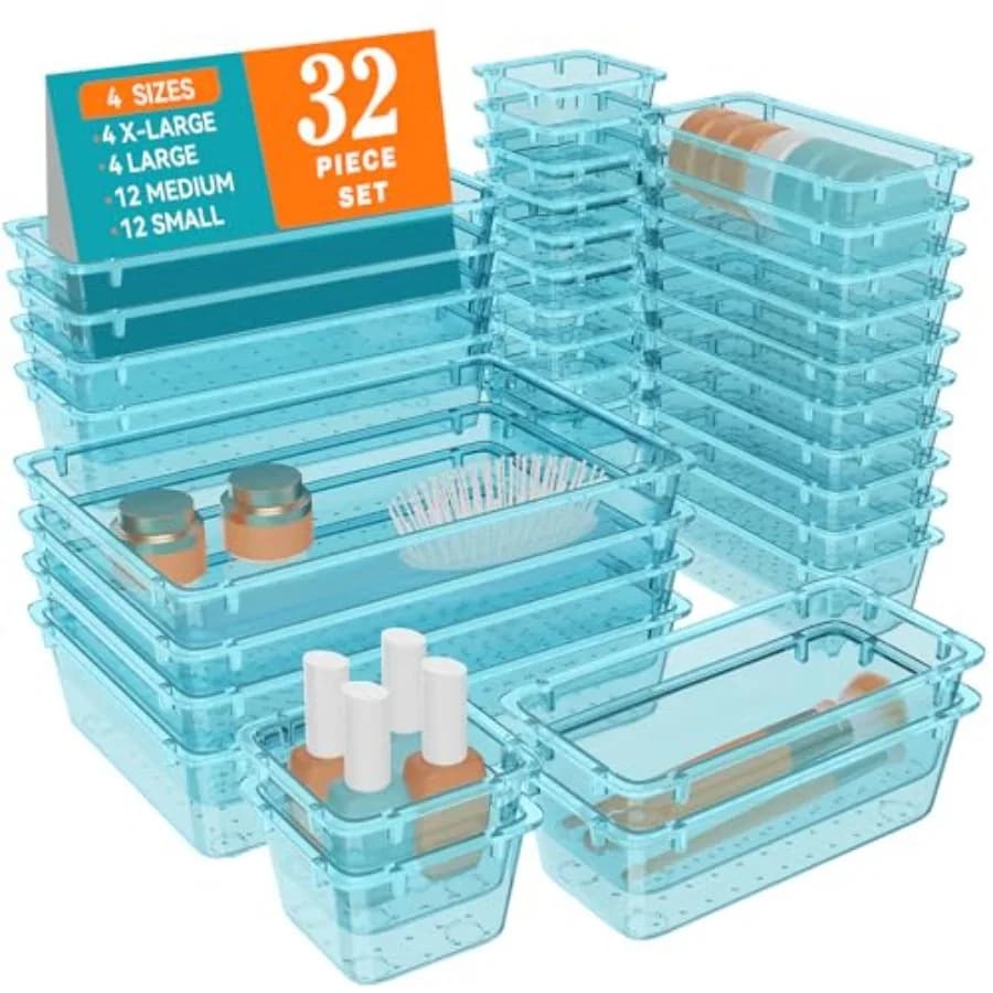 Set di organizer in plastica per cassetti, 4 misure, contenitori per l'organizzazione e lo stoccaggio di trucchi, cosmetici, gioielli e gadget.