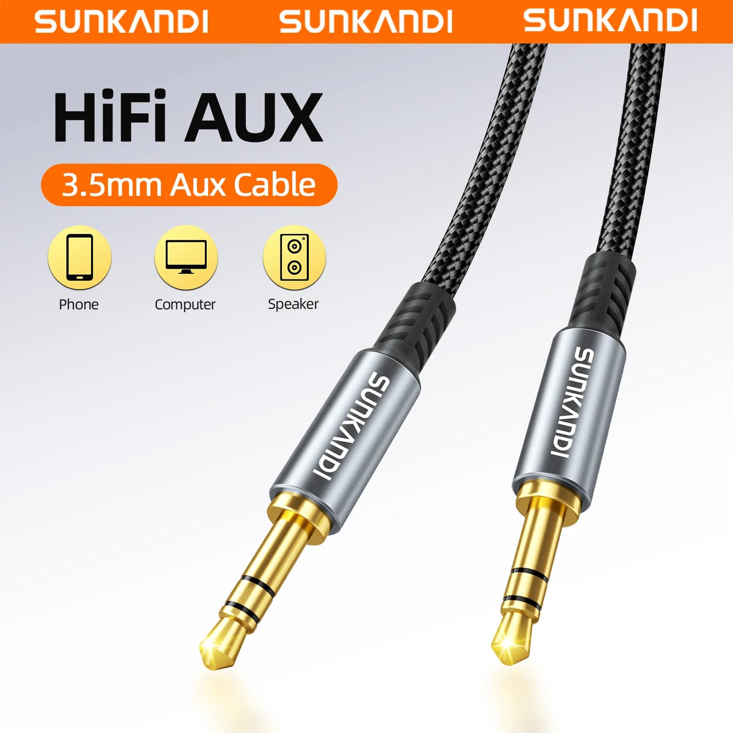 SUNKANDI 3.5mm Aux Cord, 3.5mm Male to Male Stereo Audio Cable for Car, Headphones, Smartphones, Home/Car Stereos, Laptops, Spea
