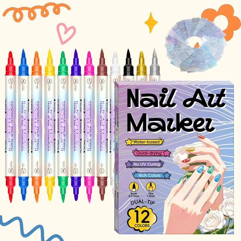 12-Color Nail Art Pen Set with 24 Reusable Sticker Templates Fast-Drying Paint for DIY Home Nail Art Doodle And LineDrawingTools