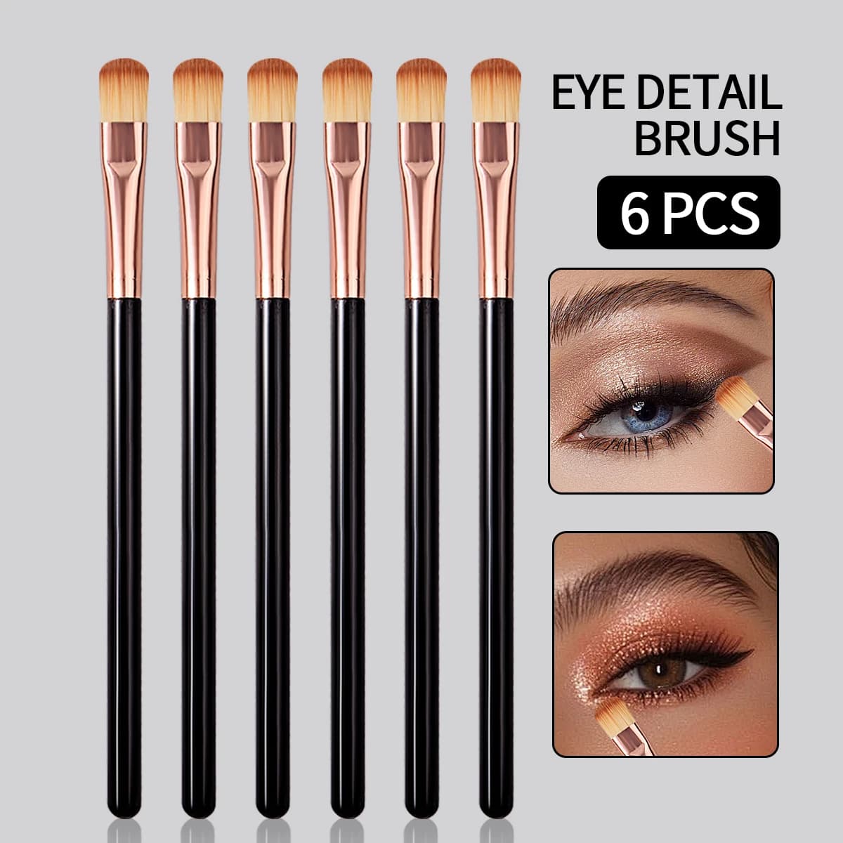 Pennelli Precisi per Ombretto, Set da 6 Pezzi, in Morbido Pelo Sintetico Nero e Oro Rosa, Testa Piatta, Strumenti Cosmetici Multiuso, Spedizione Gratuita