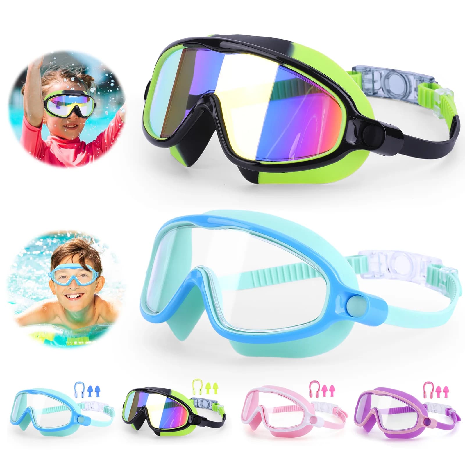 Occhialini da sub HD da 2 pezzi con tappi per le orecchie Occhiali da nuoto trasparenti Occhiali da nuoto impermeabili con montatura grande Attrezzatura da nuoto professionale