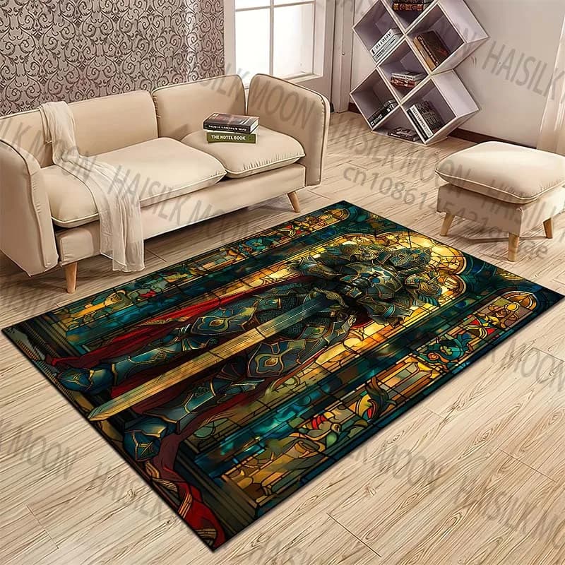 Stained Glass Knight with Sword Pattern Rug Carpets for Bedroom Living Room Sofa Mat Creative Door Mat Cloakroom Home Decor