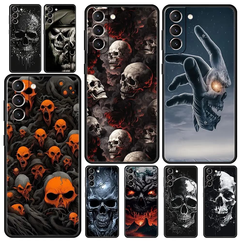 Cover per Telefono Samsung Galaxy S26 S25 S24 S23 S22 S20 S21 FE Ultra S25Edge Plus 5G, Custodia Morbida in TPU con Teschio Nero Terror