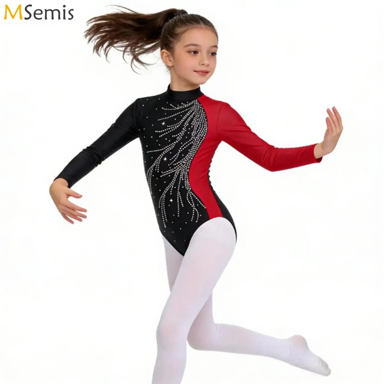 Body da Balletto per Bambine con Maniche Lunghe e Diamanti Finti Lucidi, Costume per Danza e Pattinaggio Artistico