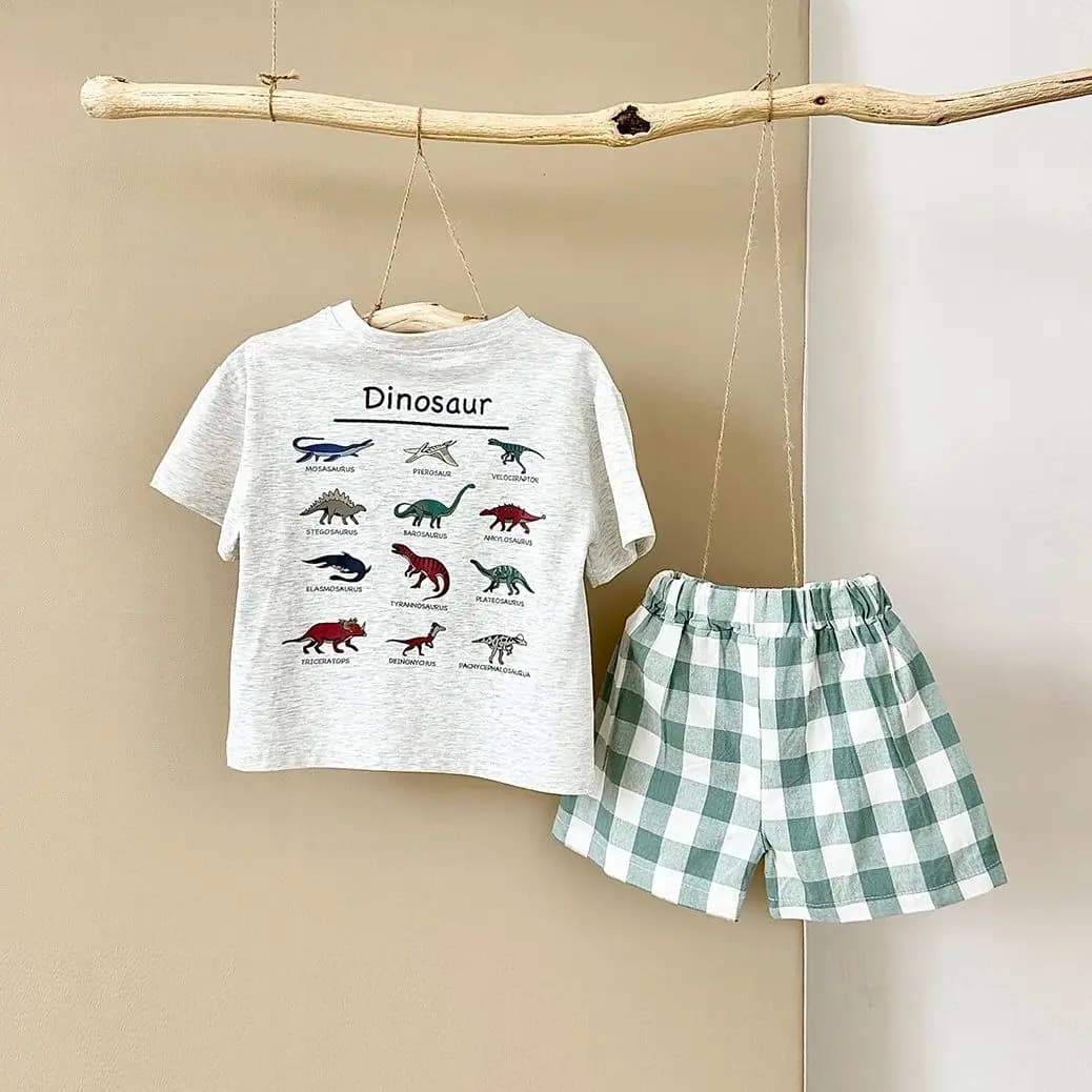 2024 Summer Infant Cotton Short Sleeves+Shorts Children Dinosaur Set Printed Boys Girls Casual Check Newborn Clothing