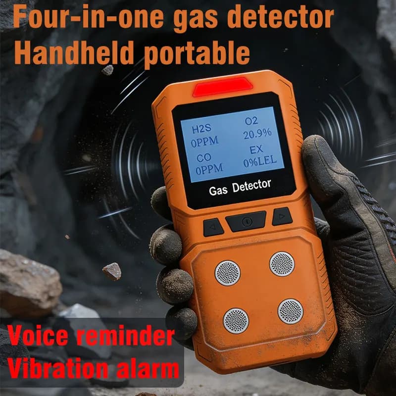 Portable four-in-one gas detector for detecting oxygen, carbon monoxide and hydrogen sulfide, as well as combustible gases and t