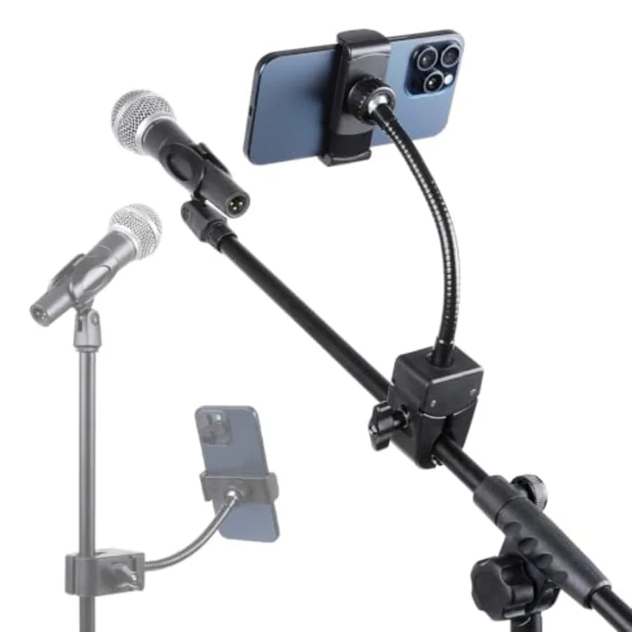 Mic Stand Phone Holder, Flexible Phone Mount with 7.9" Removable Gooseneck for Microphone Music Stand, 360°Adjustable Phone Hol