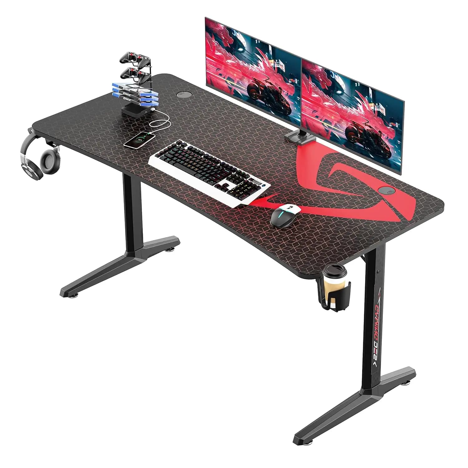 Scrivania da gaming, scrivania per computer da 60 pollici con tappetino per mouse completo, grande tavolo da gaming per 3 monitor, porta USB, porta bicchieri, personalizzabile