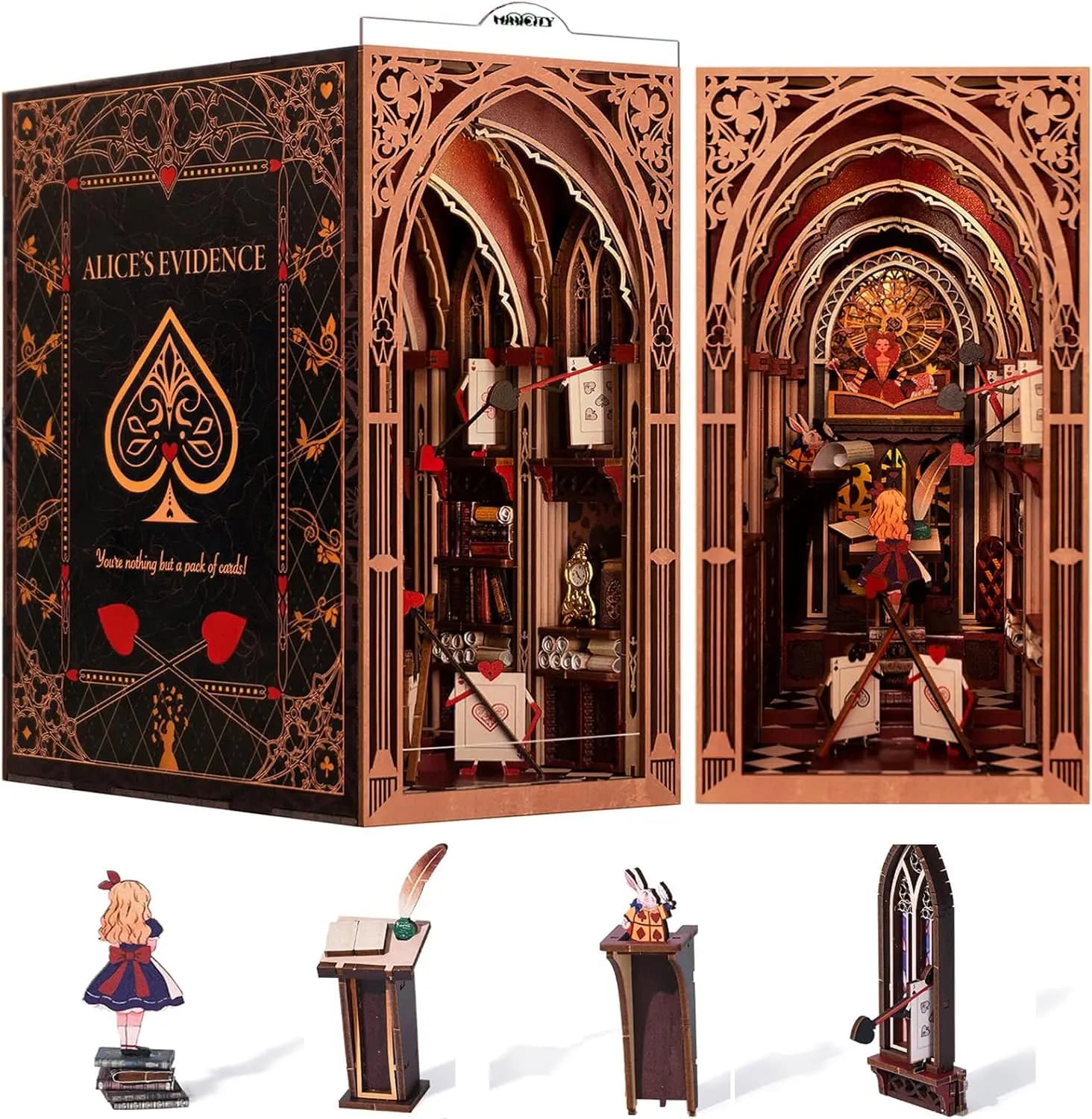 Kit angolo libro fai da te Alice nel Paese delle Meraviglie, puzzle in legno 3D con luce a LED per adolescenti e adulti, arredamento per casa delle bambole in miniatura