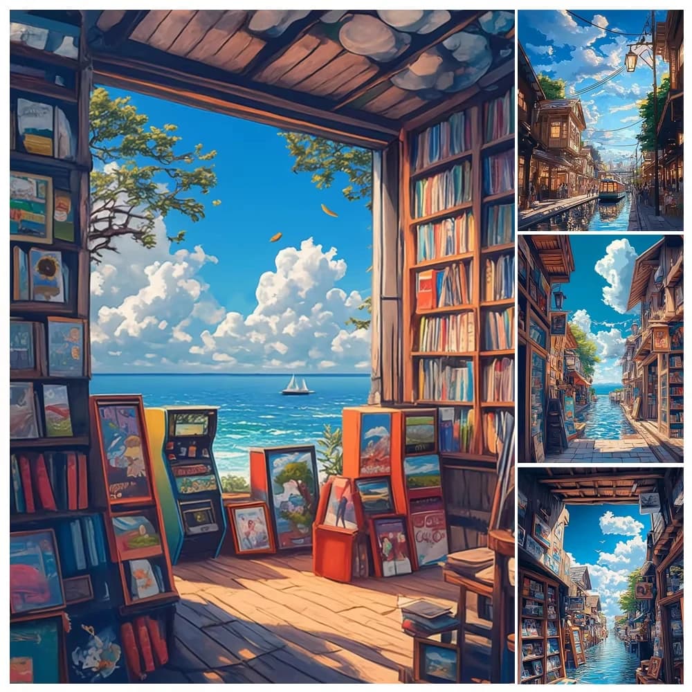1pc frameless Painting By Numbers Hand Drawn Style Floating Library Adult Kit Seascape DIY Acrylic Paint Canva Artwork Art Gift