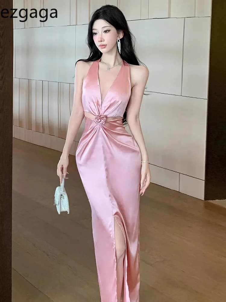 Ezgaga Abiti da donna senza maniche scava fuori Halter Sexy Slim increspato Fiori Backless Nastro Fasciatura Temperamento Abito da festa