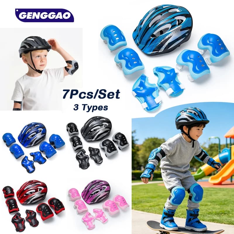 Set 7 Pezzi Protezioni Ginocchia Gomiti Polsi con Casco da Bici per Ragazzi e Ragazze, per Skateboard Monopattino Pattinaggio Ciclismo Sport all'Aperto