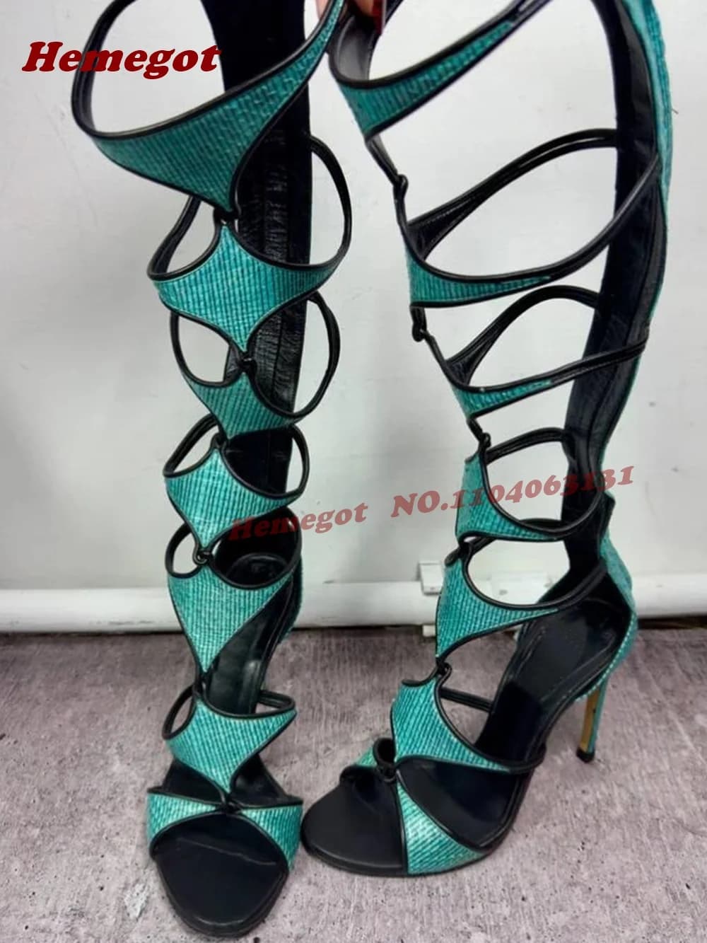Sandali da Donna con Tacco a Spillo e Stampa Lucertola Turchese, Modello Gladiatore Scavato, Scarpe Estive Patchwork Eleganti e Raffinate