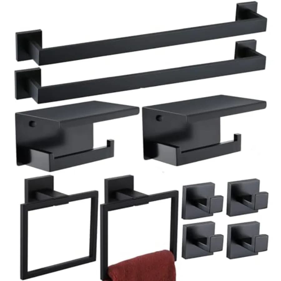 Set di Accessori per Bagno 10 Pezzi in Nero Opaco, Set Portasciugamani in Acciaio Inox SUS304 Include 2 Portasciugamani da 24 Pollici + 2 Portasciugamani
