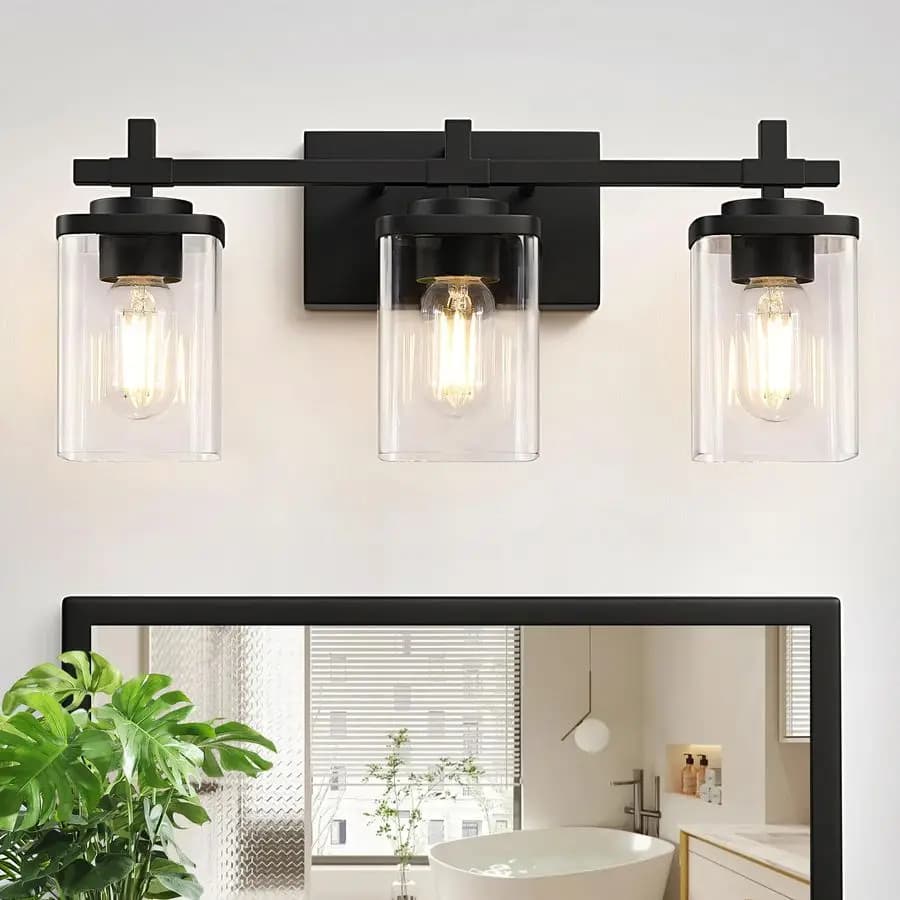 Lampade da toeletta per bagno, luci da toeletta moderne nere sopra lo specchio con paralume in vetro trasparente per bagno, lampada da parete fo