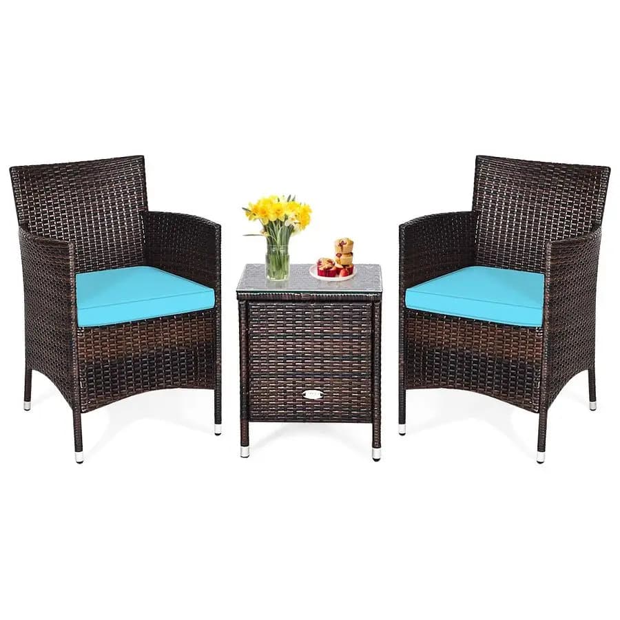 3 piece PE rattan garden furniture set, seating set and outdoor table with tempered glass top and pillows, wicker conversation set
