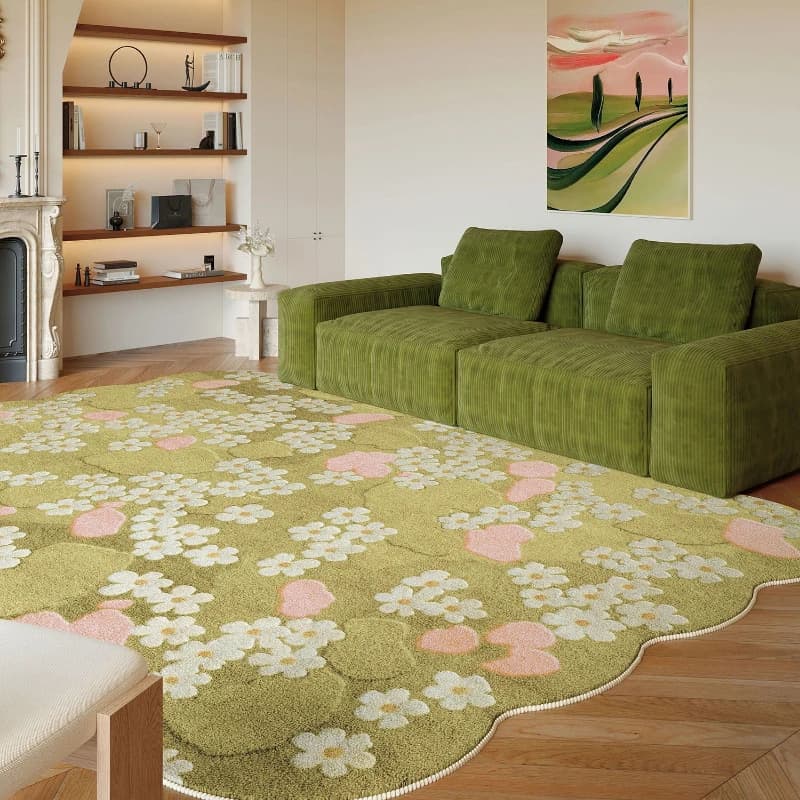 Tappeto in Stile Pastorale con Motivi Floreali, Forma Irregolare per Soggiorno, Morbido e Soffice Tappetino da Pavimento, Spesso Tappeto in Peluche
