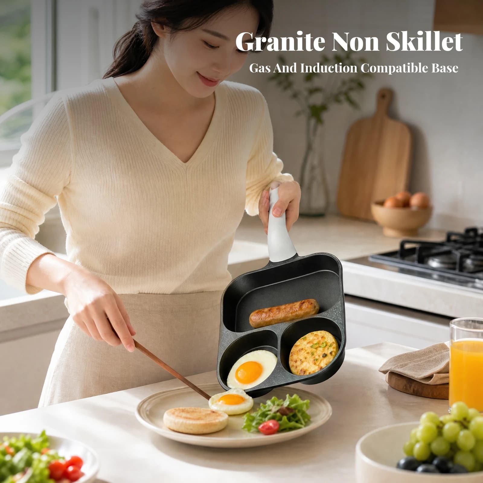 3-Compartment Egg Skillet Nonstick Multi-Compartment Frying Pan Divided Skillet with Handle Lightweight for Home Cooking