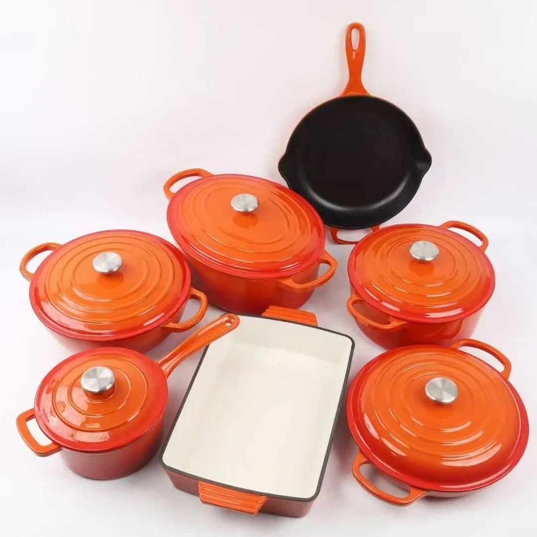 Padella multifunzionale personalizzata in ghisa smaltata antiaderente da 7 pezzi Padella arancione Casseruola per latte con coperchio Padella olandese a doppia maniglia