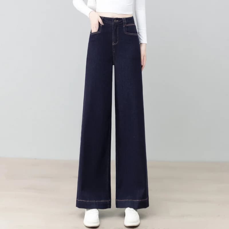 Jeans alla moda blu scuro da donna, pantaloni larghi casual dritti piccoli elasticizzati a vita alta nuovi autunnali