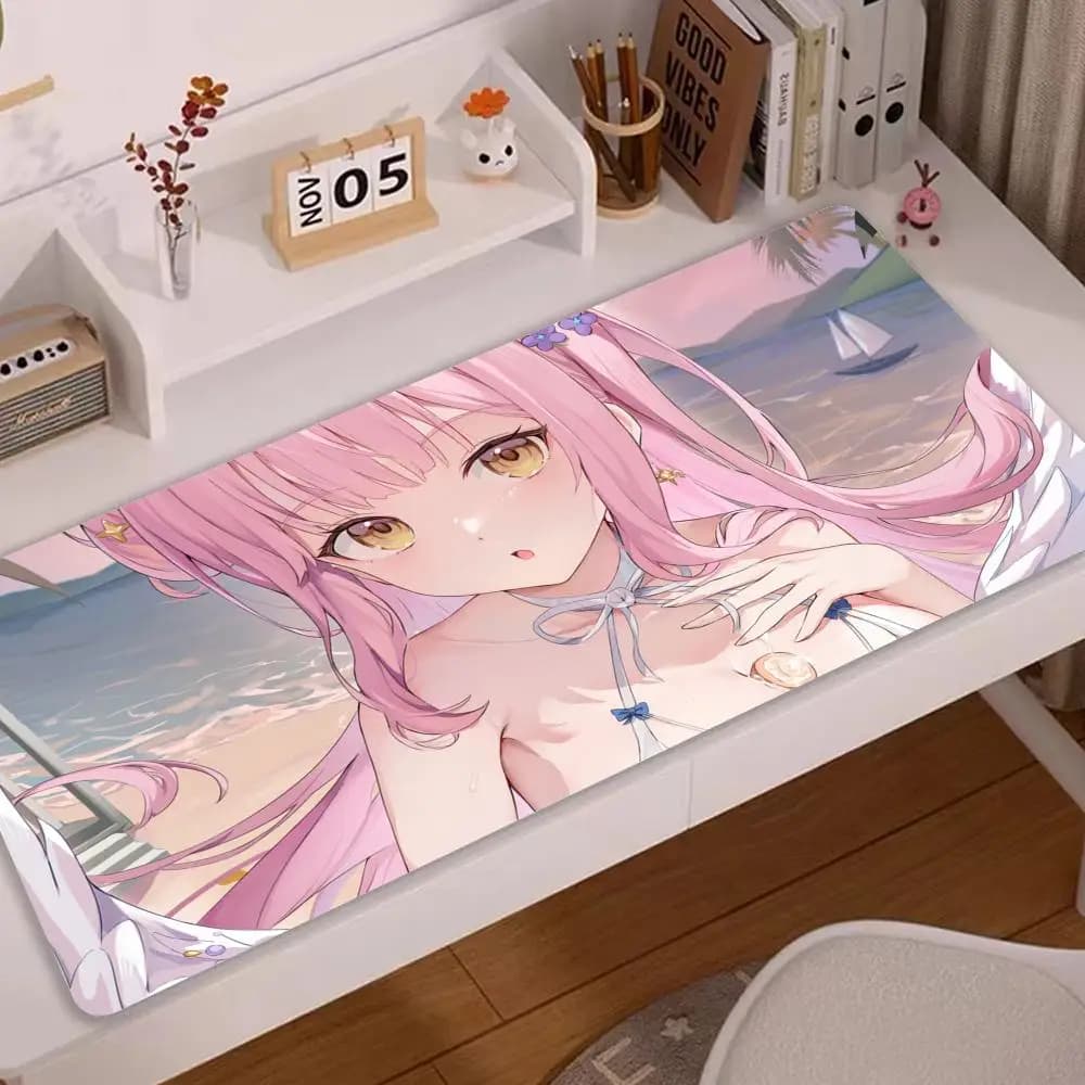 Anime Mouse Pad Gamer XXL Keyboard Mat Pastel Pink Hair Soft Seaside Summer Anime Girl Multi Scene Office Gaming Home Desk