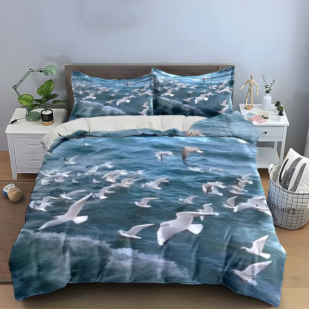 Set di biancheria da letto "Seagulls Over Ocean Art Set" con 1 copripiumino e 2 federe, singolo, matrimoniale, king, queen, regalo