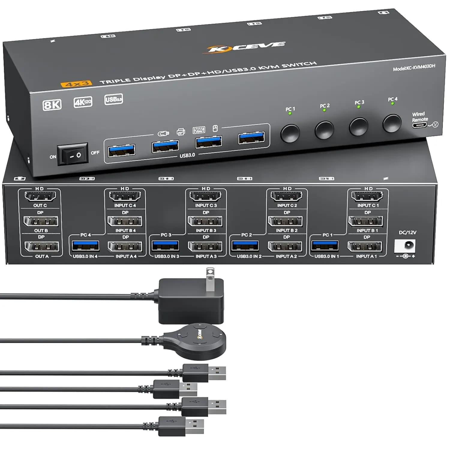 8K@60Hz KVM Switch 4 Computers 3 Monitors,4 Port HDMI+DP KVM Switches Triple Monitor Share 3 Display and 4 USB3.0 Ports