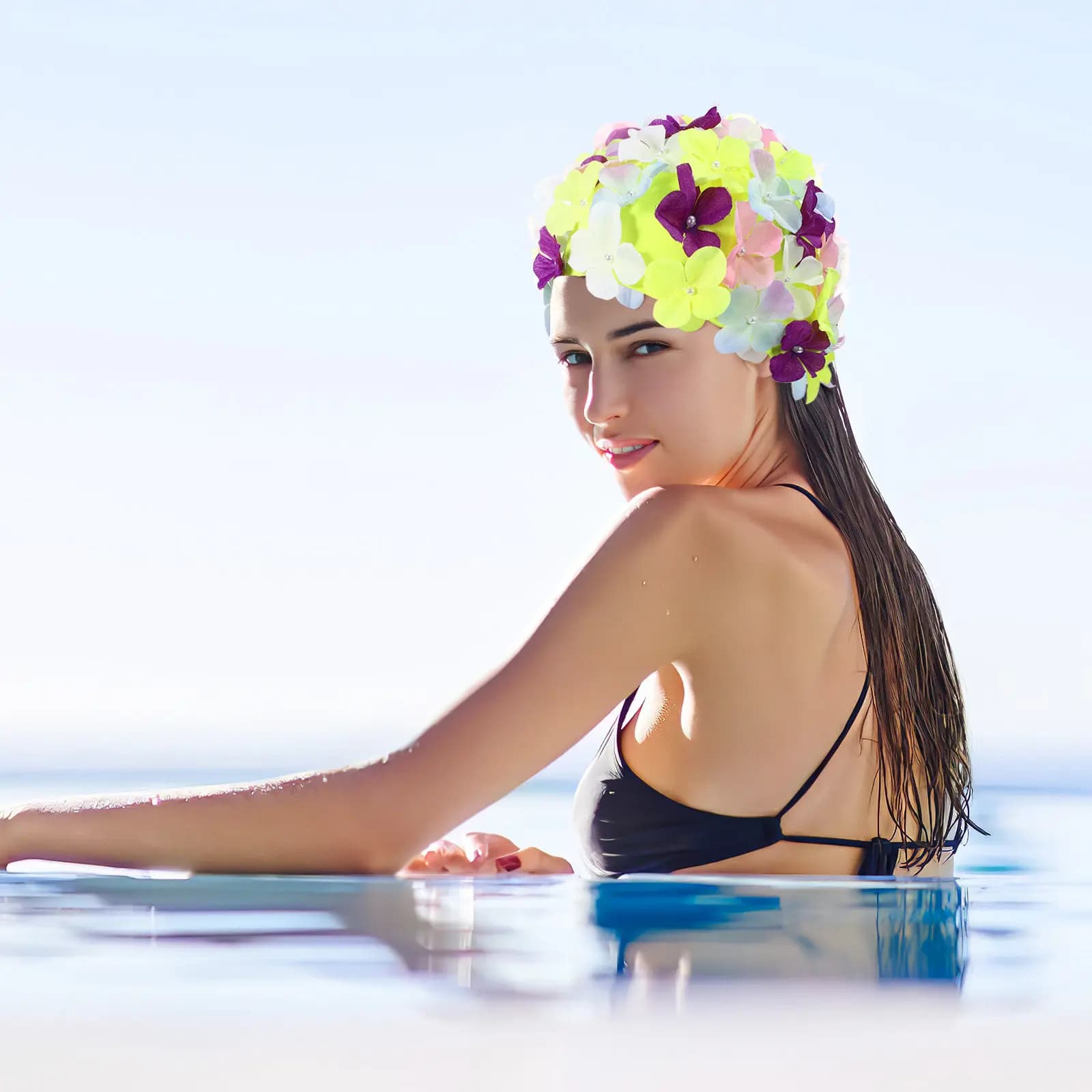 Plus Size Swimwear with Floral Pattern, Colored Bathroom Hat 22x15x0.5cm, Comfortable and Non-slip, for Women