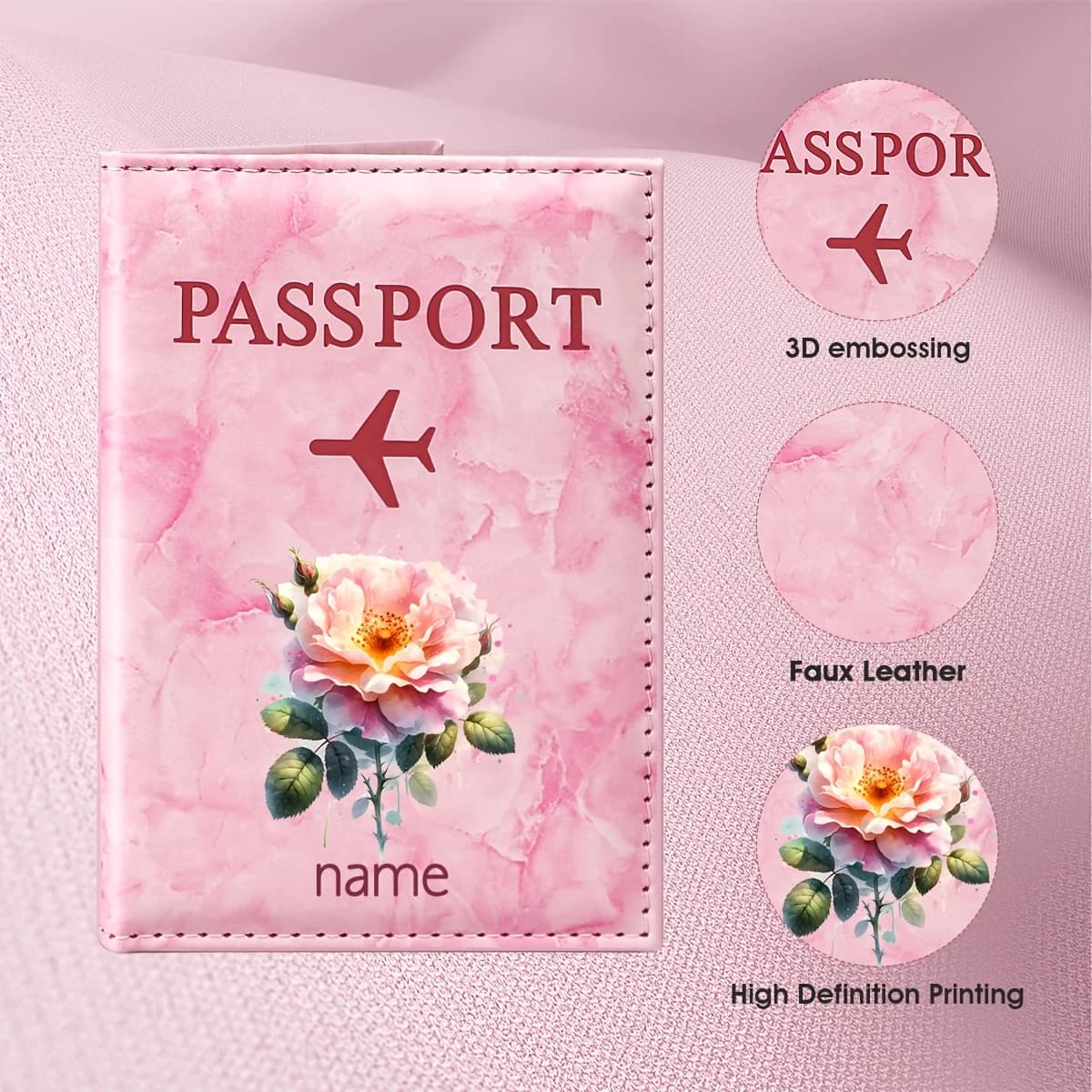 Custom Name Pink Rose Floral Watercolor Style PU Passport Holder, Featuring a Design with Blooming Roses And Green Leaf Branches
