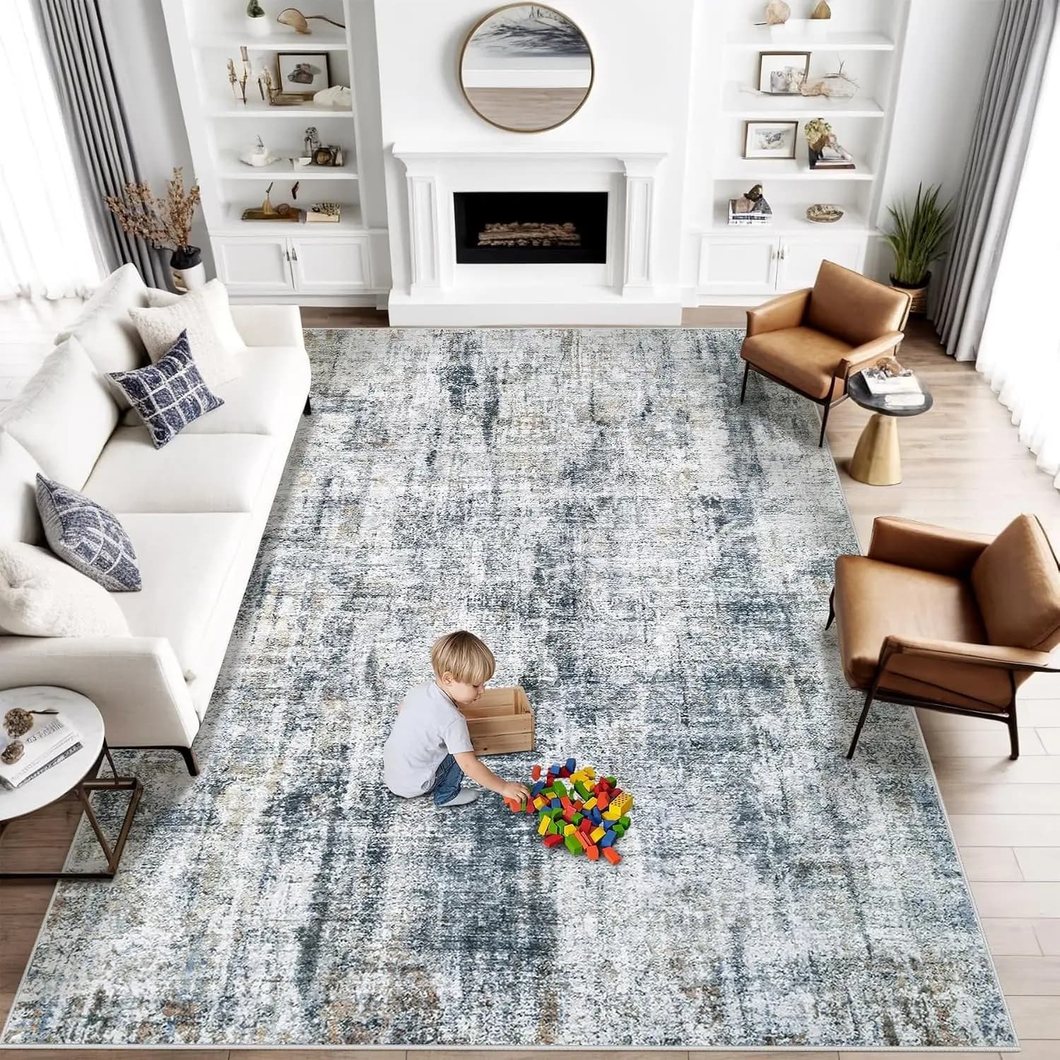 8x10 Washable Area Rugs for Living Room Abstract Soft Non Slip Low Pile Carpet Stain Resistant Modern Rugs for Bedroom Dining Office Nursery Multi Blue