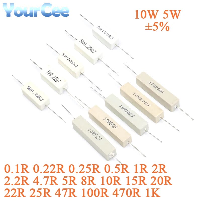 10 pz/5 pz 5 W 10 W Resistore a filo avvolto in ceramica 0.1 0.22 0.15 0.5 2 5 8 10 15 20 25 47 100 470 1K Ohm 5 10 Watt Resistenza al cemento